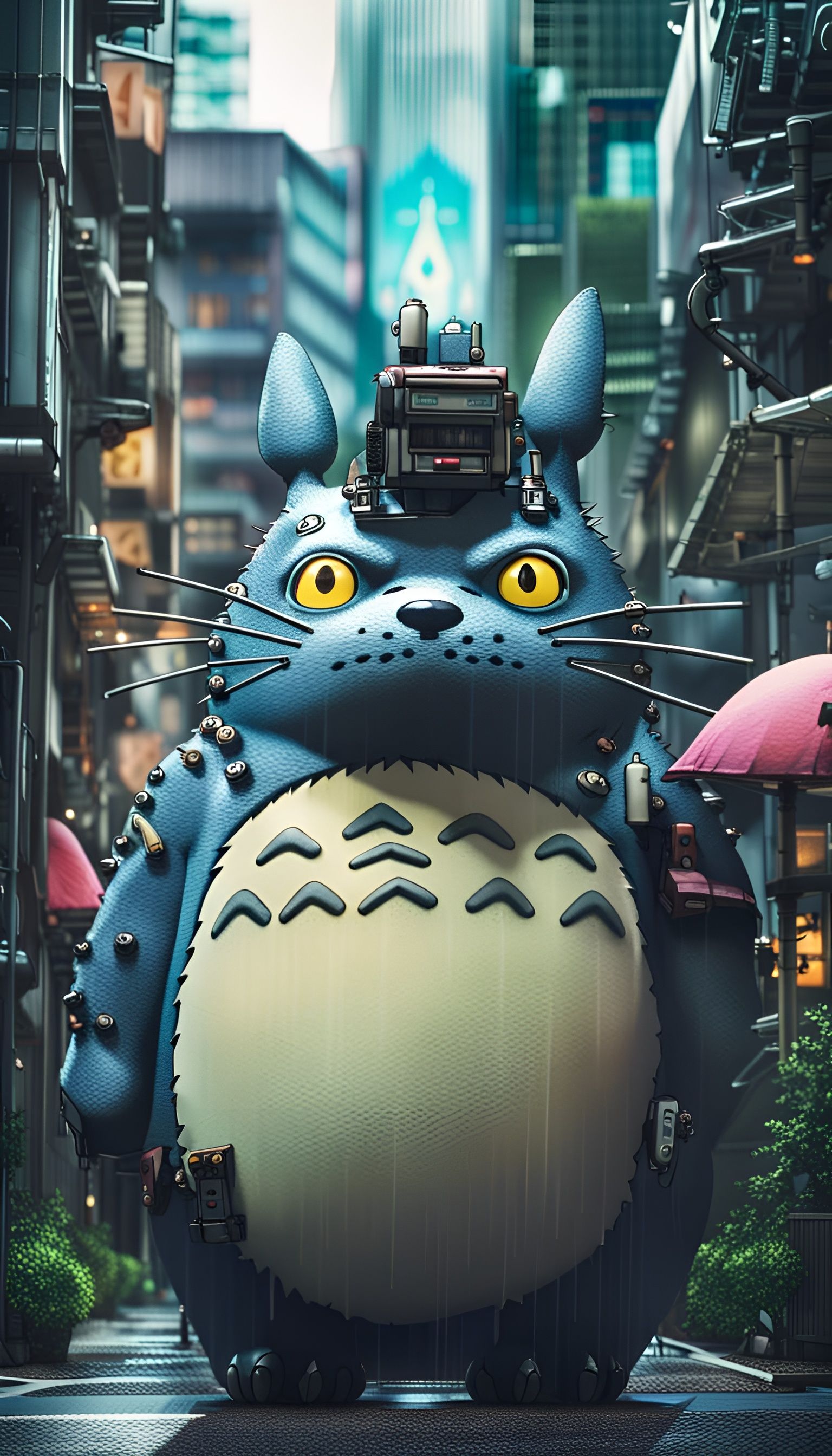 Cyberpunk Totoro in Hypermodern City Center