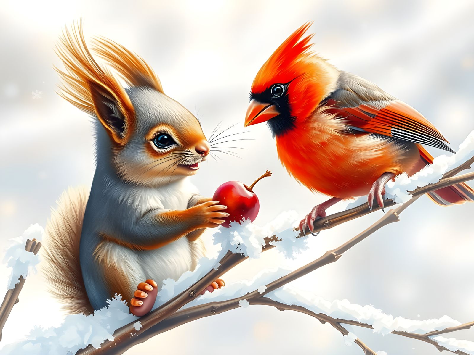 Squirrel Shares Berry with Cardinal in Winter Wonderland