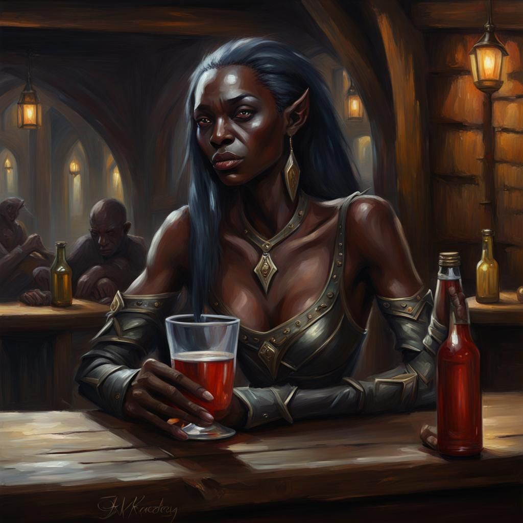 Dark Elf in Tavern: An Oil Painting