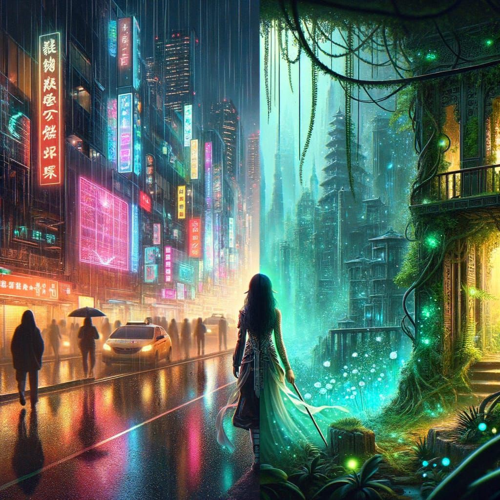 Cyberpunk City Split Image: Technology vs Nature