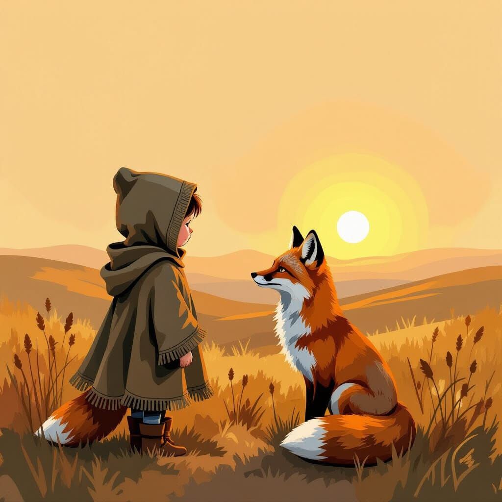 Child and Fox Gaze at Golden Horizon