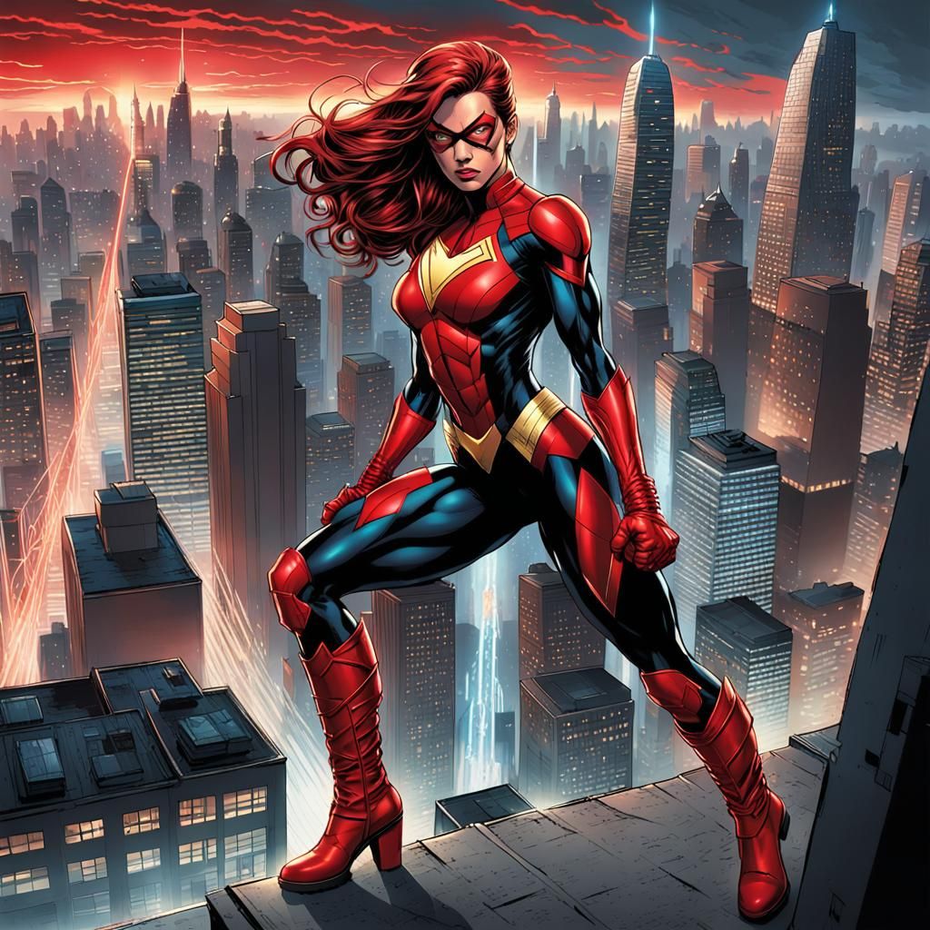 Superheroine Overlooking Neon City, Comic Book Art