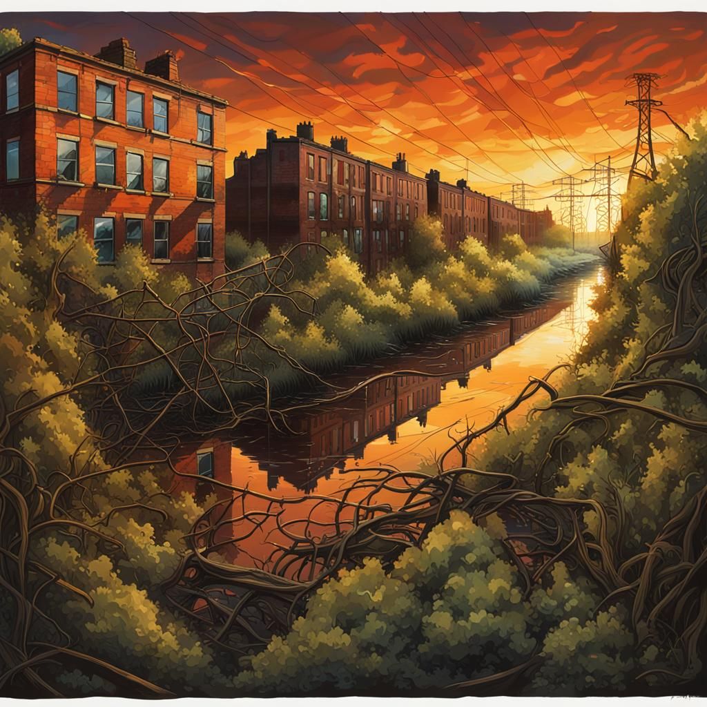 Post-Apocalyptic City Reclaimed by Nature at Sunset