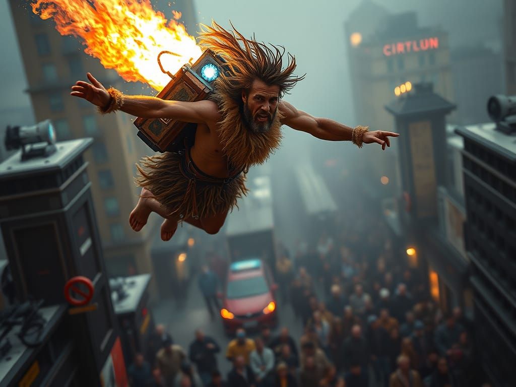 Primitive Man Soars Above City on Futuristic Jetpack