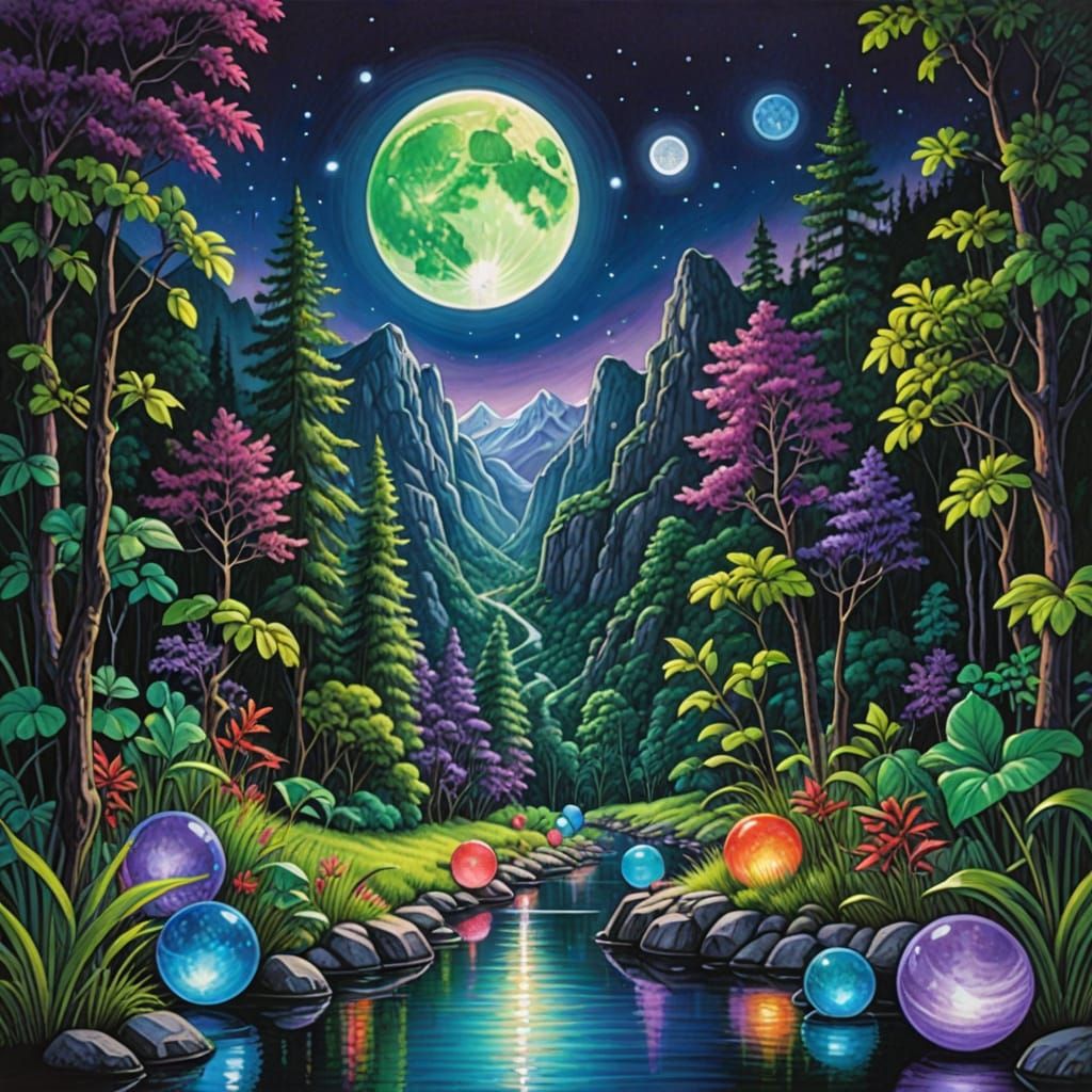 Colorful Spheres Above Rainforest Valley: Colored Pencil Art
