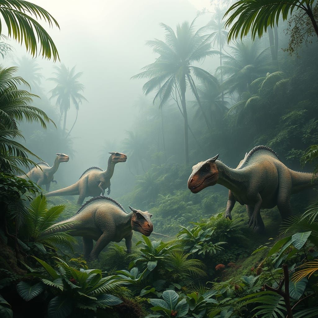 Dinosaurs Roam a Lush Prehistoric Jungle