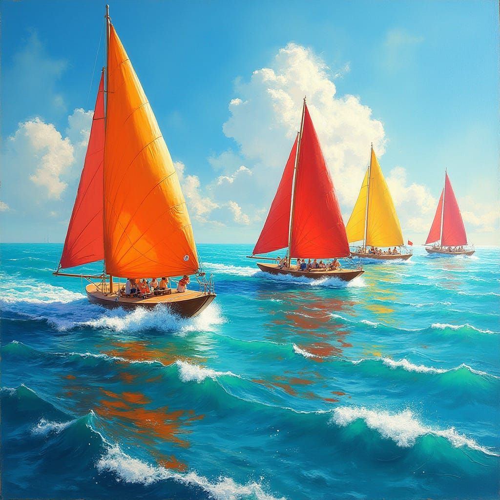Sailboats Racing Across Turquoise Waters in Impressionist St...