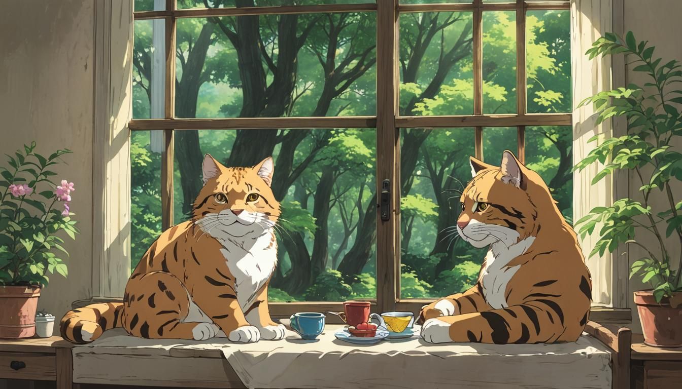 Cats' Date at Window in Studio Ghibli Style