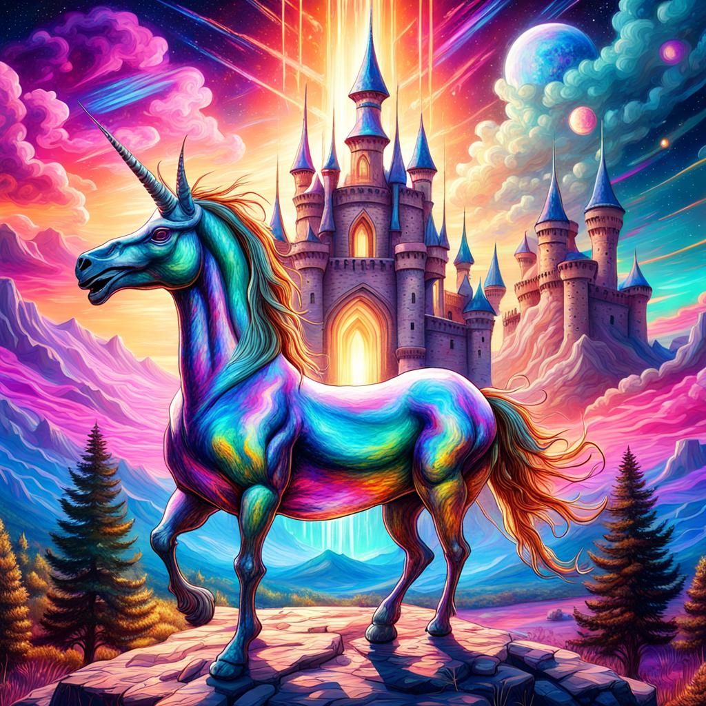 Alien Unicorn and Medieval Castle: Astral Holographic Illust...