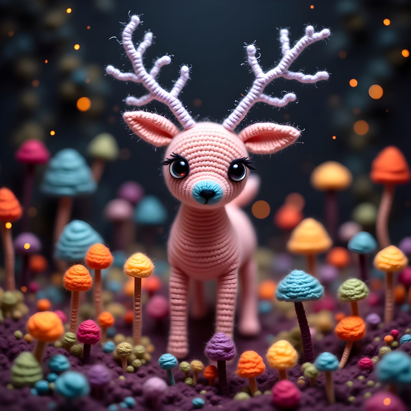 Cute Yarn Deer in a Yarn Mushroom Forest