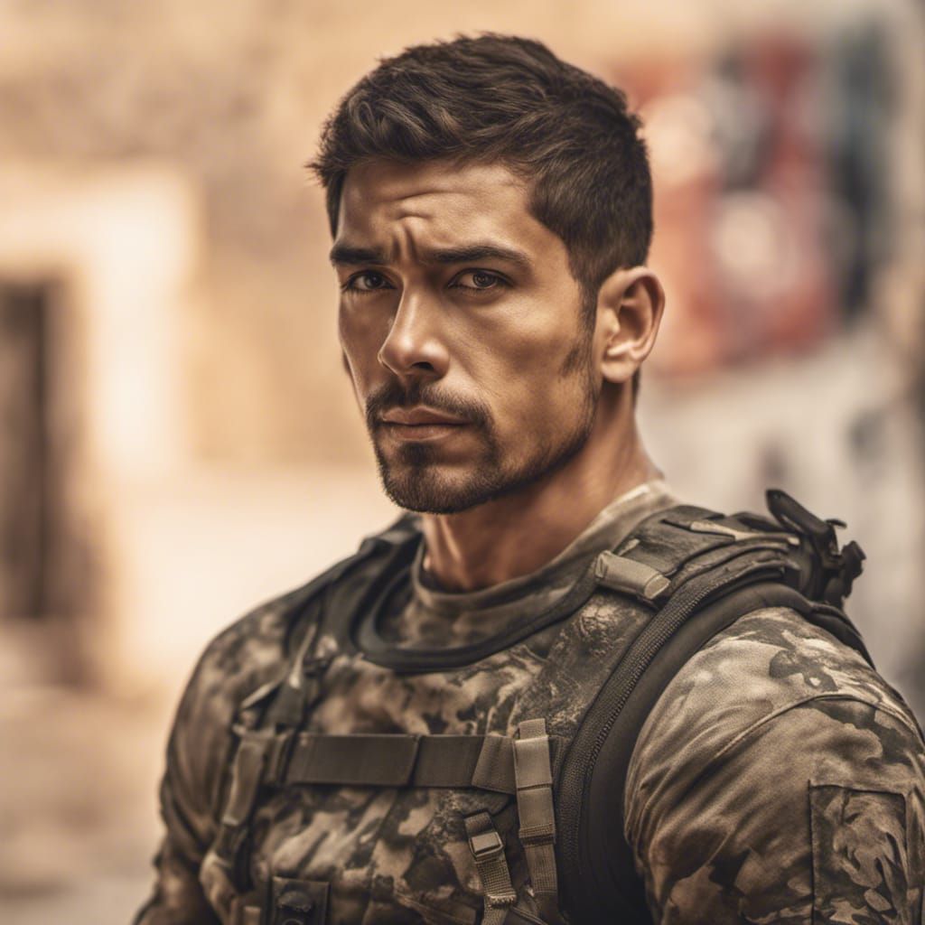 Hispanic man with short hair, stubble, a camo bodysuit