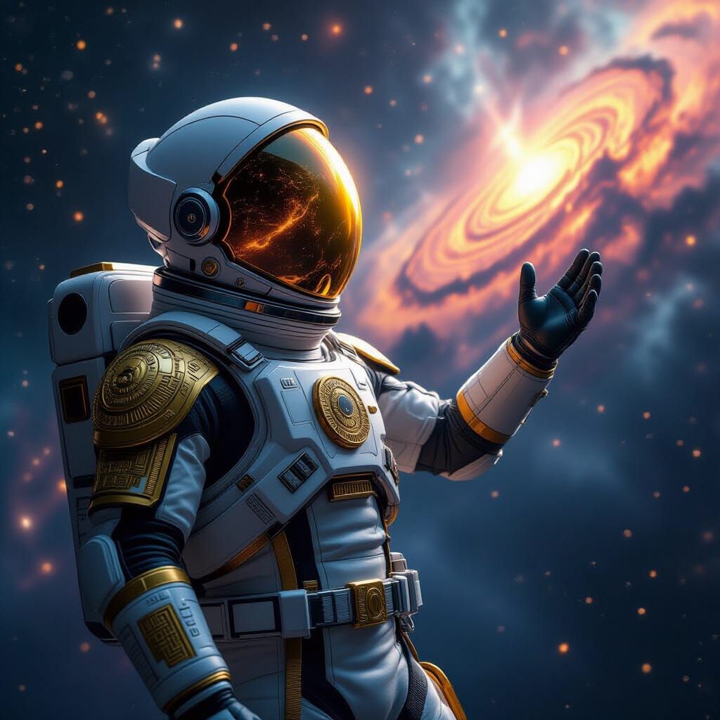 Aztec God Explores Nebula in Hyperrealistic Space Art