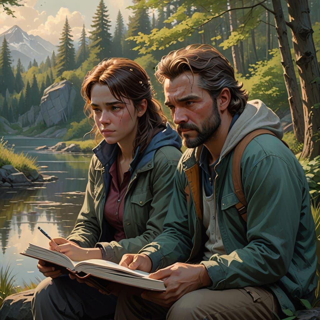 Peaceful Couple in Hyperrealistic Art by the Serene Lake