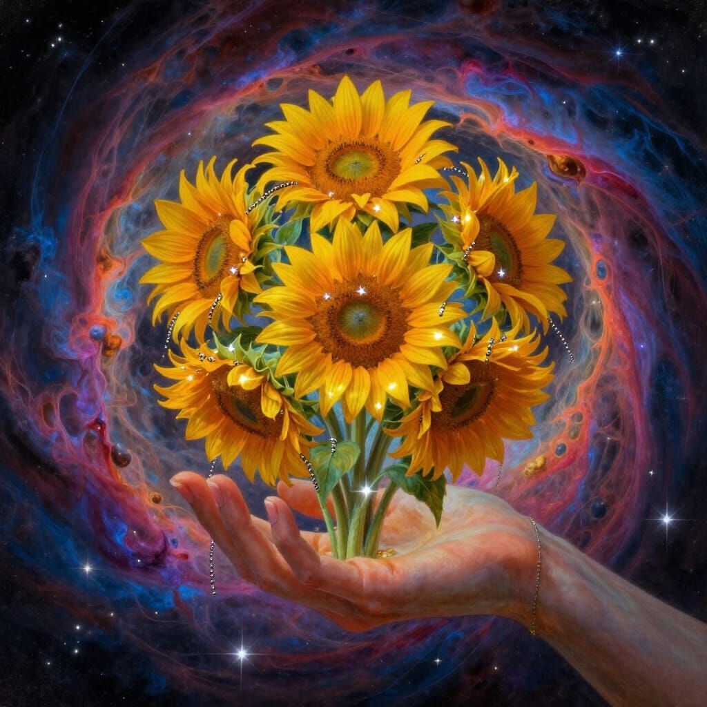 Ethereal Hand Holds Starlight Sunflowers in Nebula