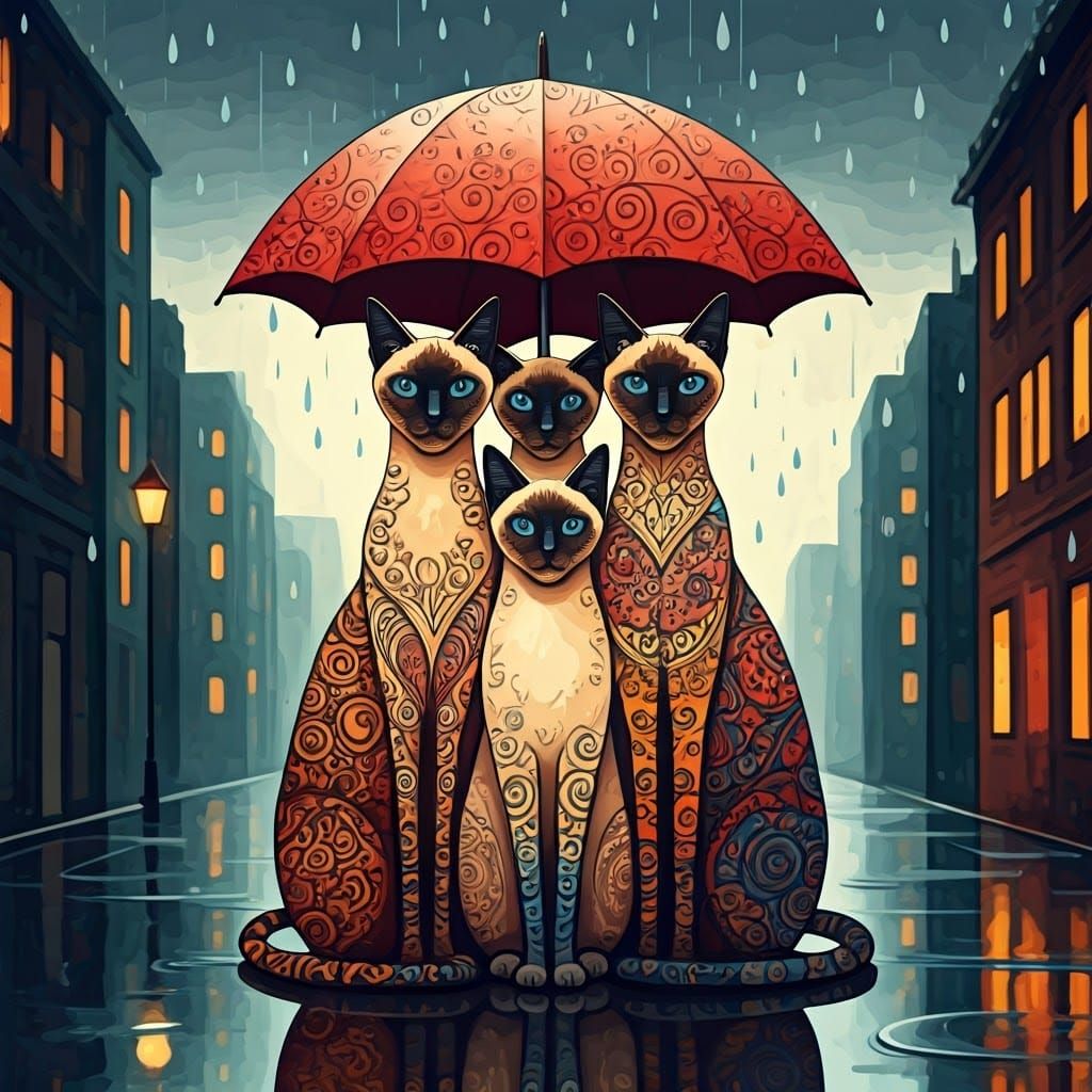 City Cats Seek Shelter Beneath Vibrant Umbrella in Whimsical...