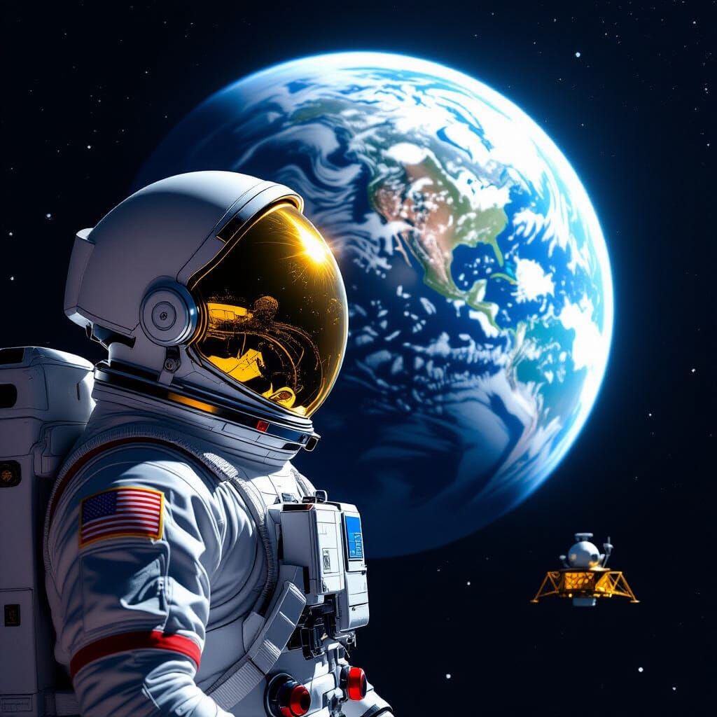 Astronaut Views Earth From Moon in Photorealistic Style
