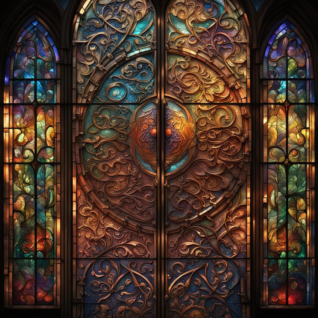 Stained Glass Window with Calligraphic Text