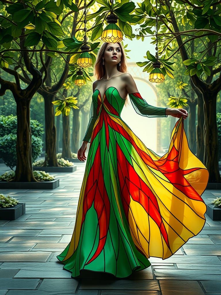 Model in Flowing Glass Gown: Art Deco Tiffany Style