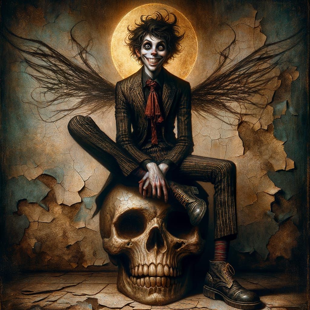 Whimsical Dark Surrealist Portrait of a Mischievous Young Ma...