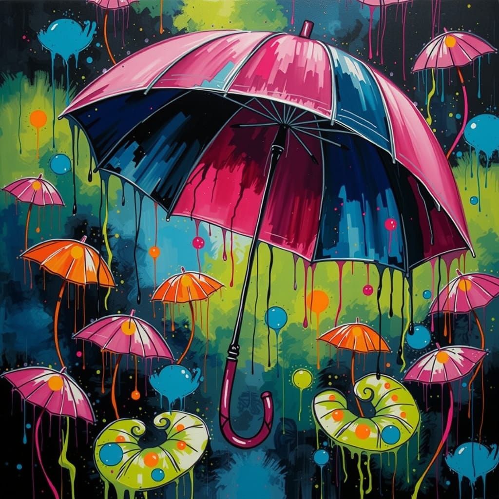 Vibrant Hot Pink Umbrella in Expressive Brushstrokes and Abs...