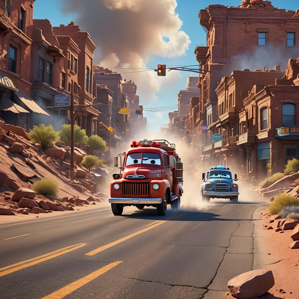 Mater Fire Truck on Route 66: Pixar Style