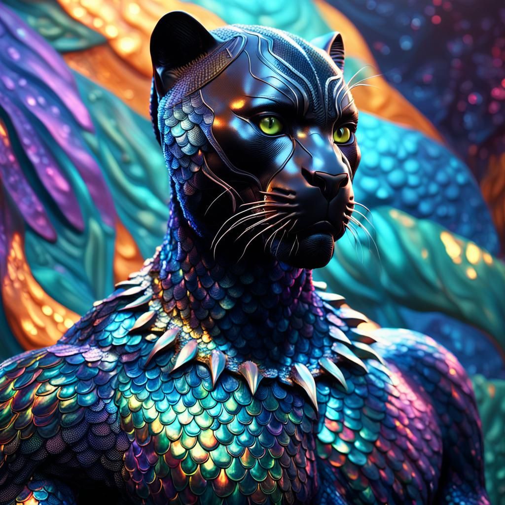 Majestic Black Panther Portrait in Vibrant, Iridescent Fanta...