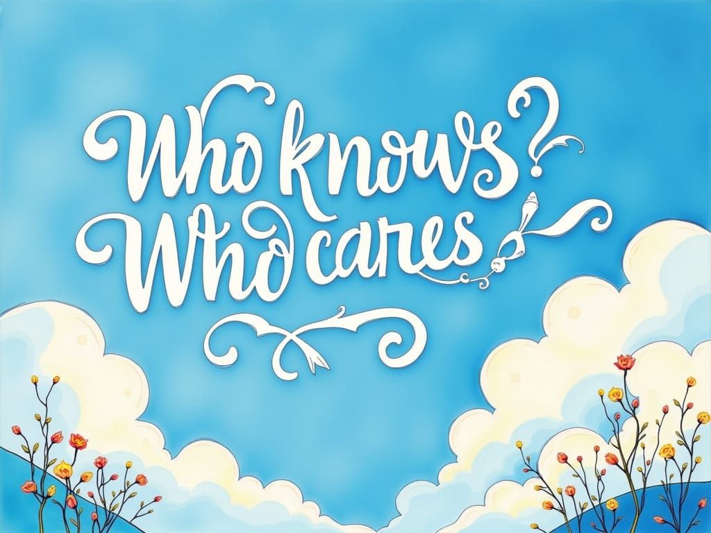 Text: "Who knows? Who cares ?" written with white clouds in a fluffy cotton calligraphy on the blue sky. focus <lora:Cal...