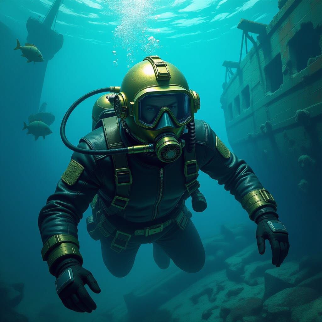 Albacore Jones: Retro-Futuristic Diver Exploring Shipwreck