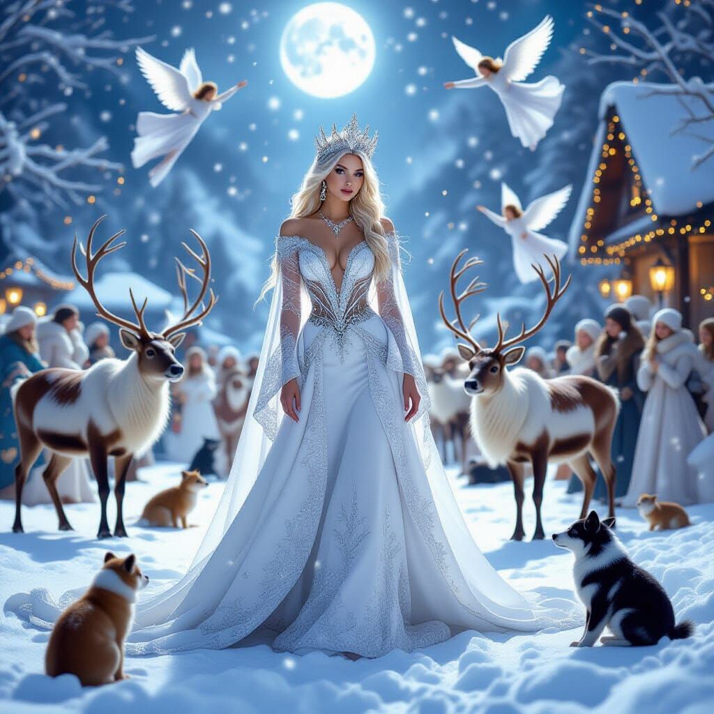 Ice Goddess in Diamond Robe Amidst Winter Revelers