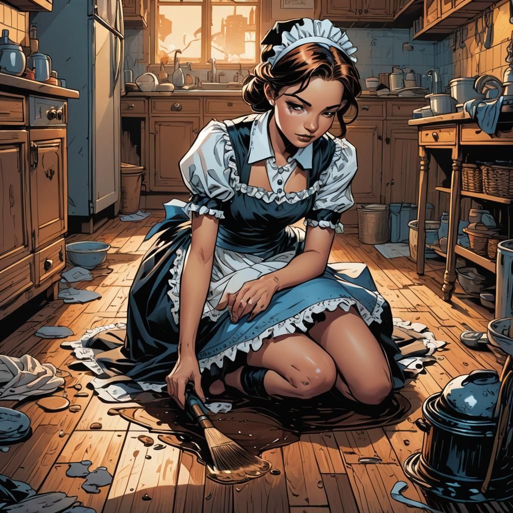 Maid Scrubbing Floor in Comic Book Art Style