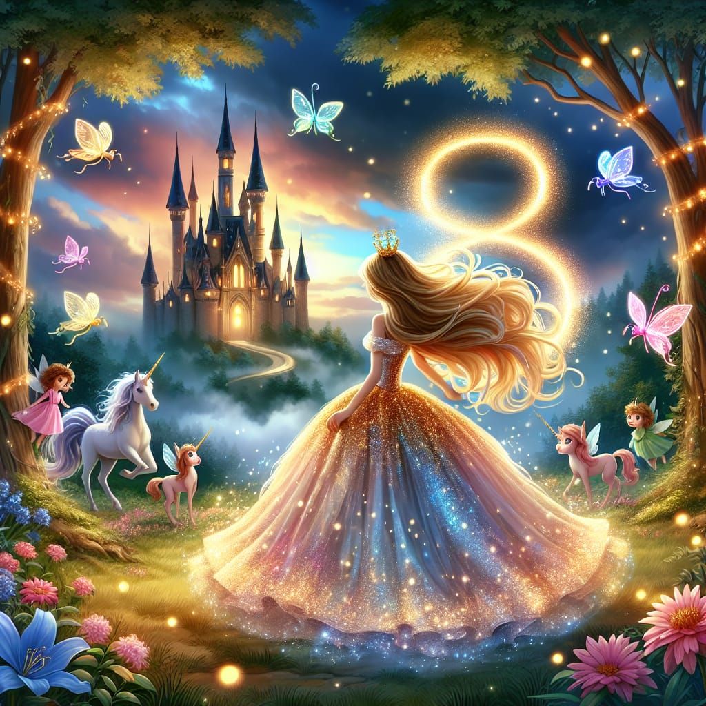 Enchanted Fairy Garden with Princess and Glowing Number 8