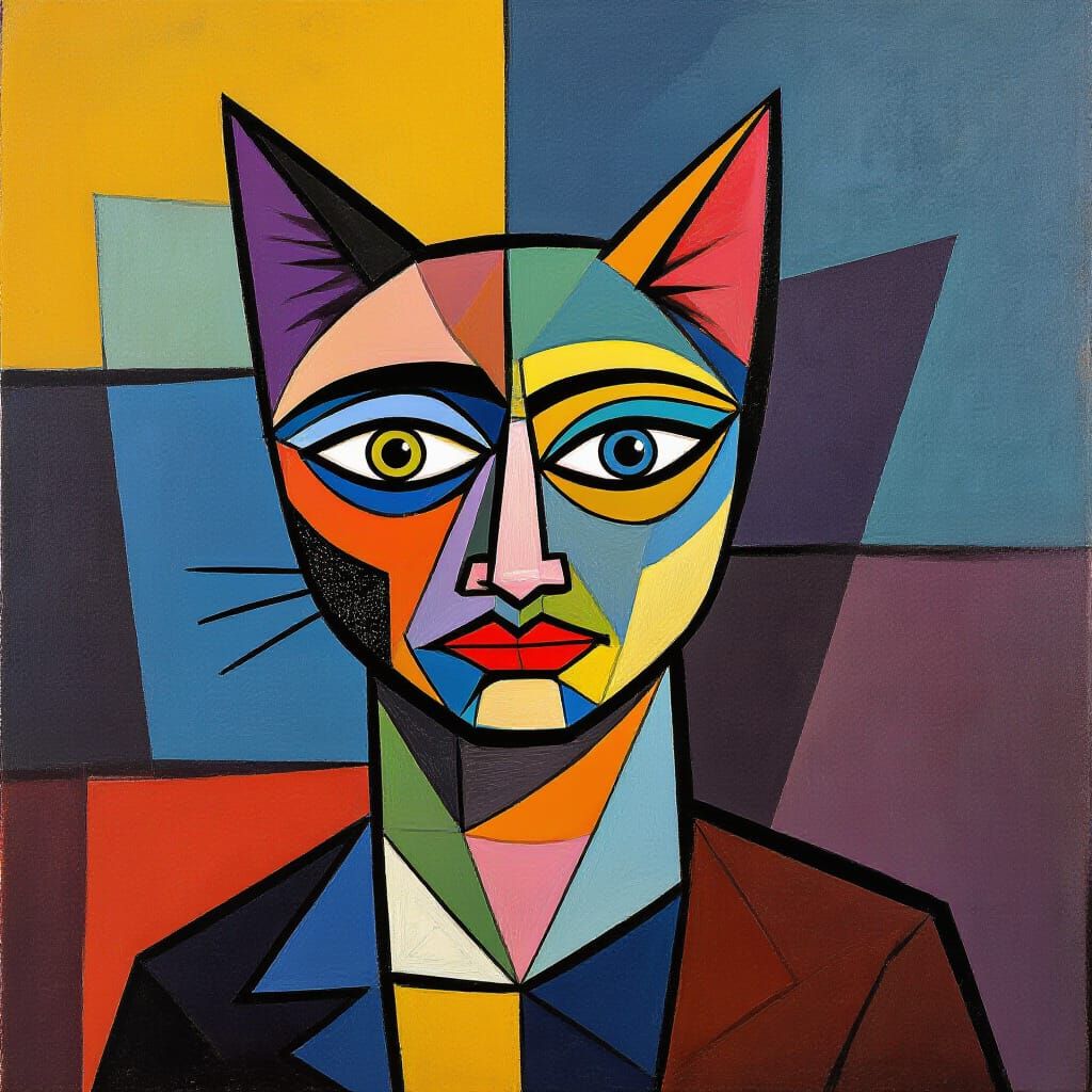 Cubist Cat with Geometric Shapes in Blue and Gold