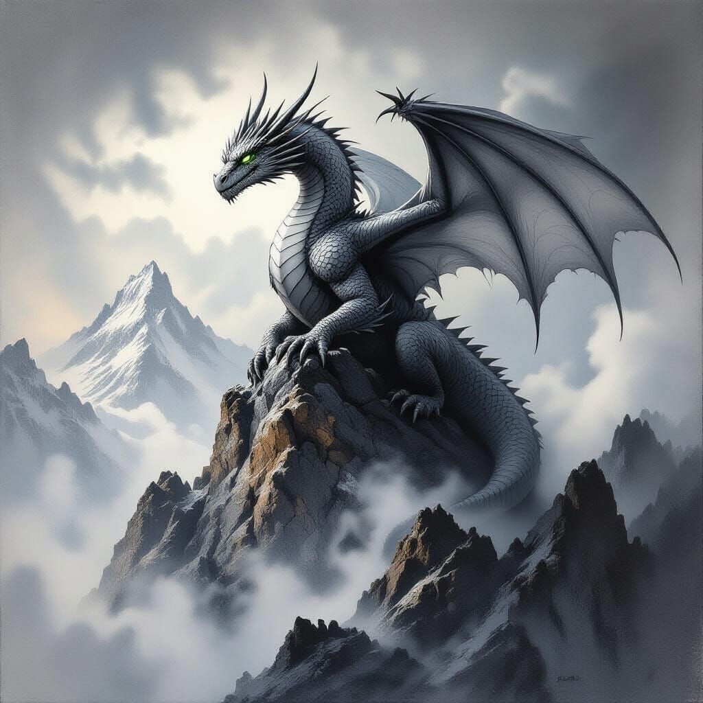 Fearsome Dragon Charcoal Drawing on Mountain Peak