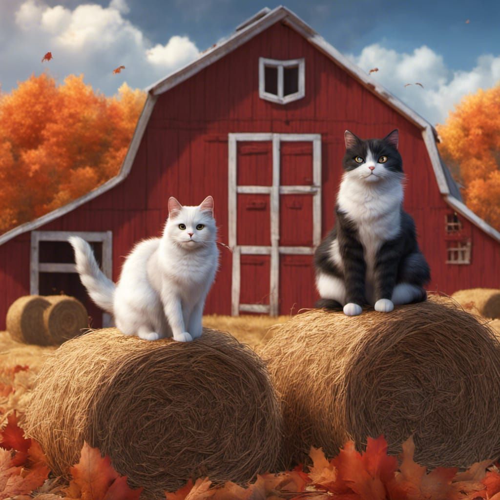 Fall sky red barn calico cats sitting on bale of hay outside...