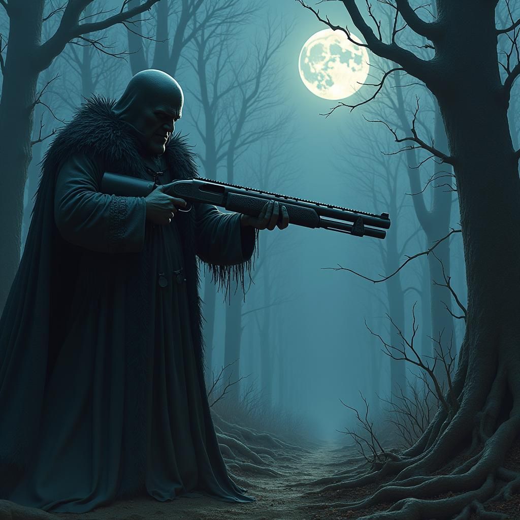 Mystical Figure Stares Down Runed Shotgun