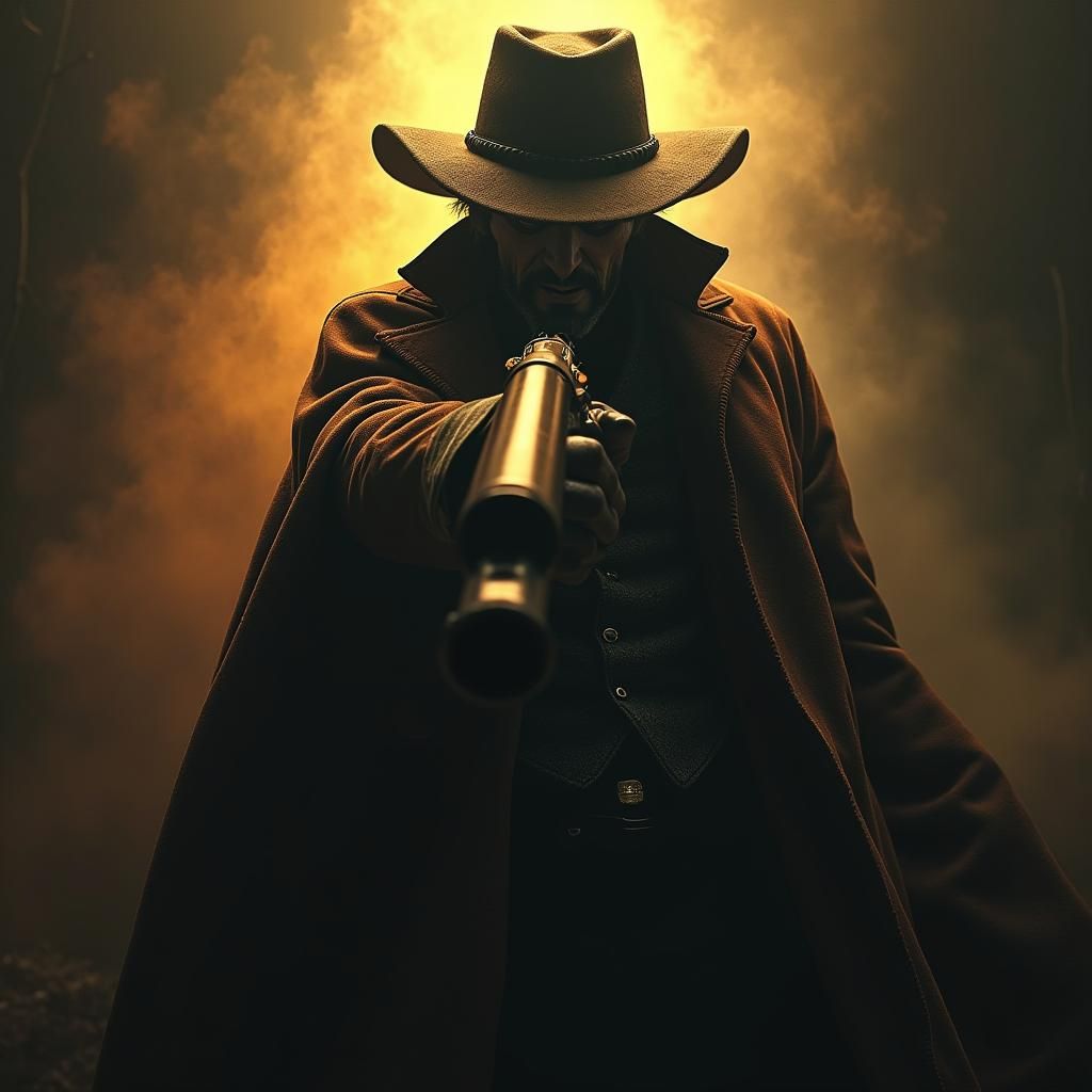 Sinister Gunslinger in Ominous Golden Light