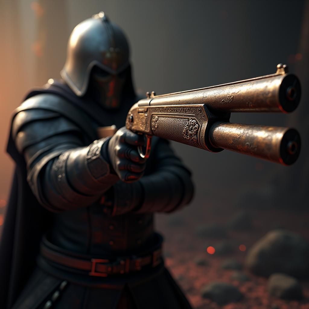 Warrior Stares Down Shotgun in Fantasy Realm