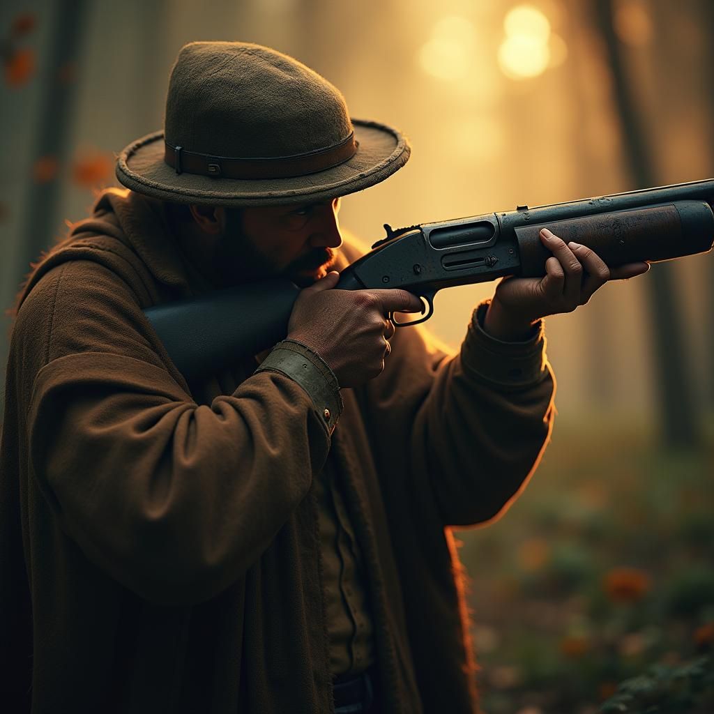 Intense Stare Down Ornate Shotgun in Fantasy Realm