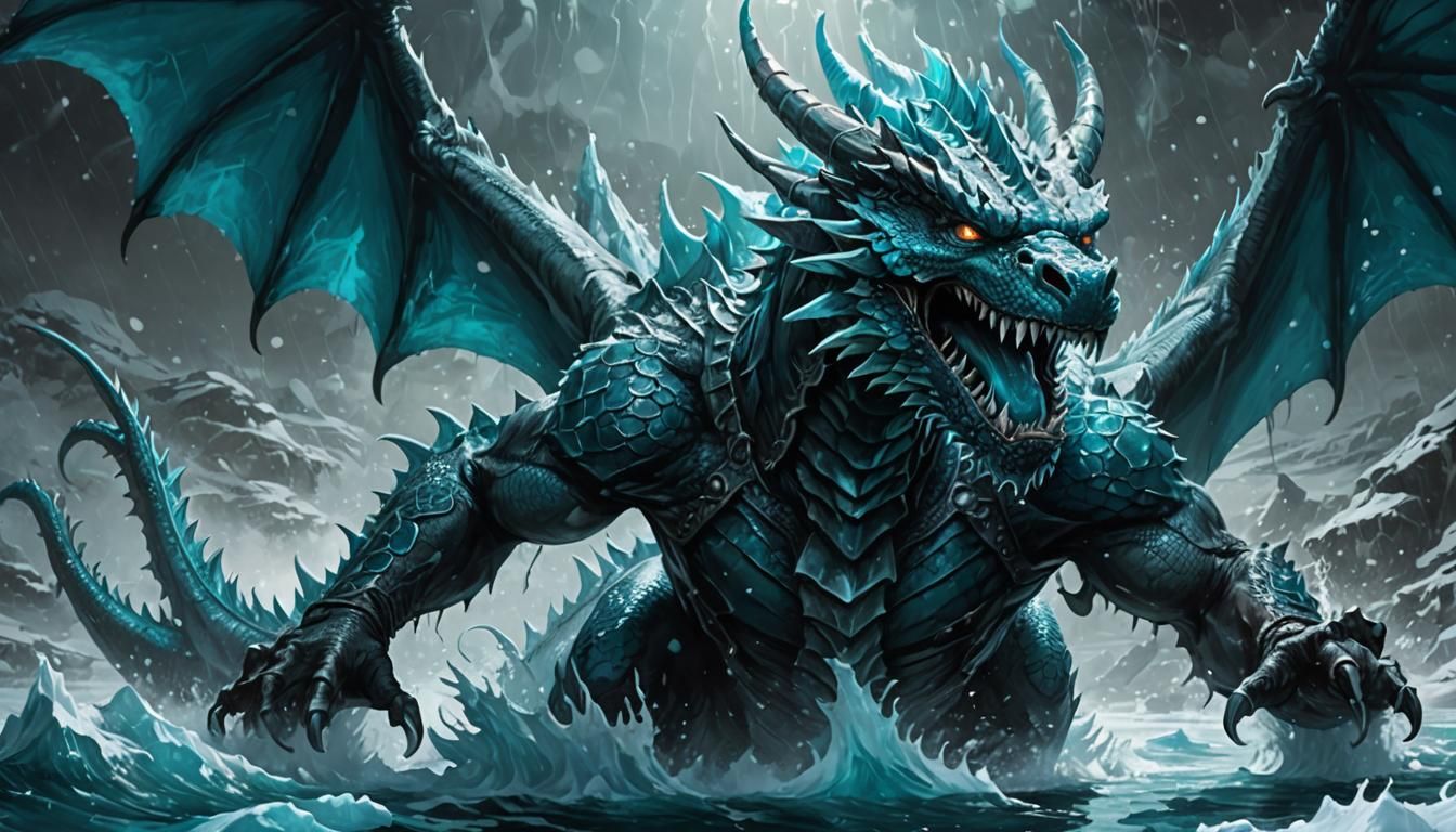 Cyan Dragon Breaching Icy Waters as Concept Art