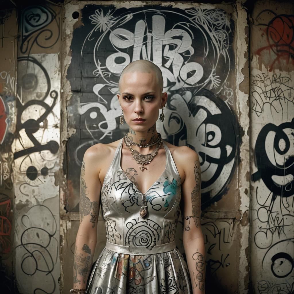 Beautiful Bald Woman with Tattoos in Fantasy Photo Art