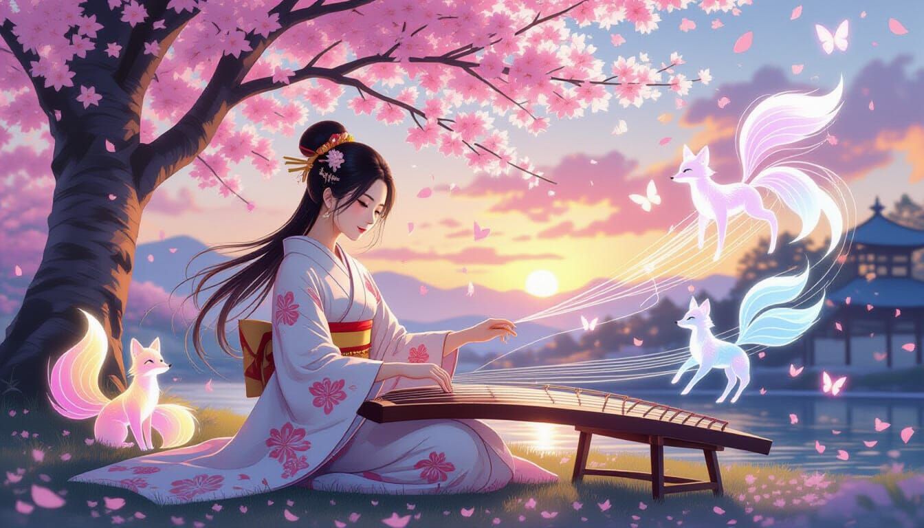 Japanese Woman Plays Koto Under Cherry Blossoms at Sunset