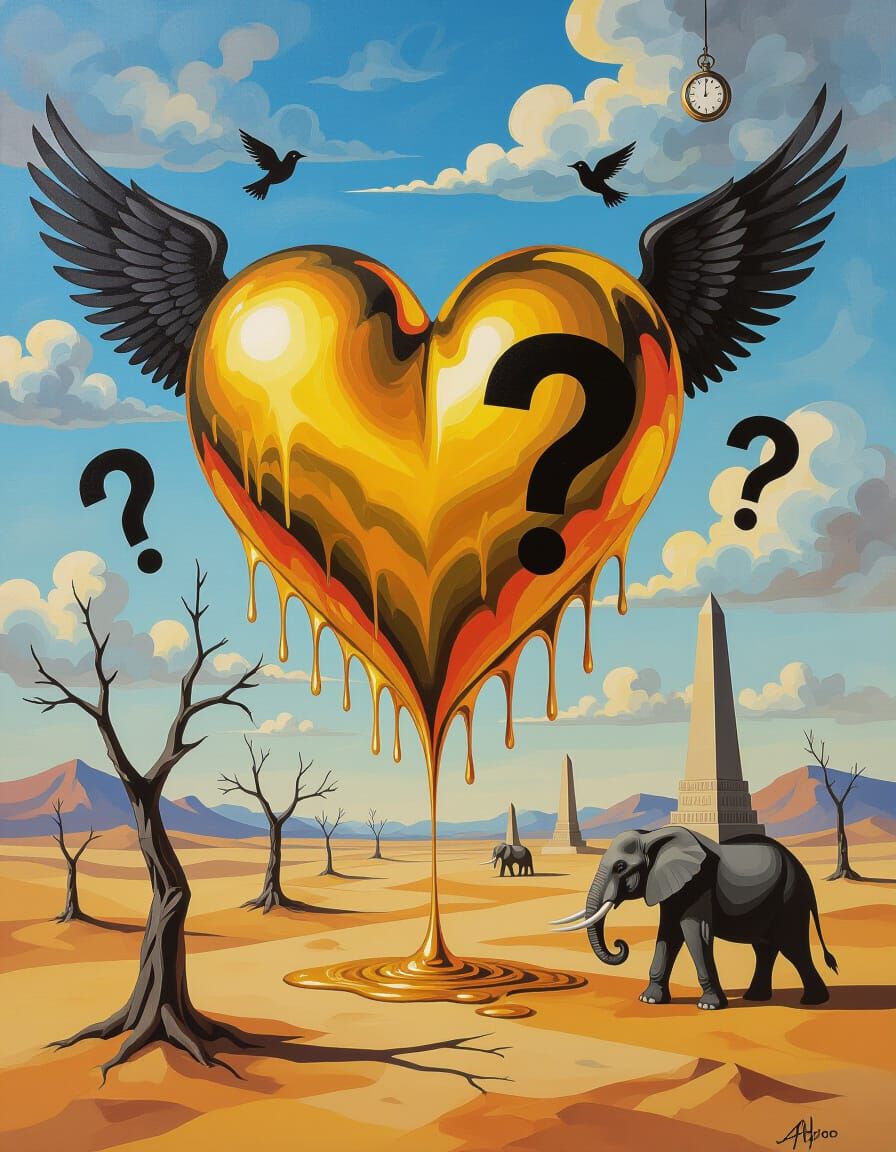 Surreal Golden Heart Desert Landscape Oil Painting