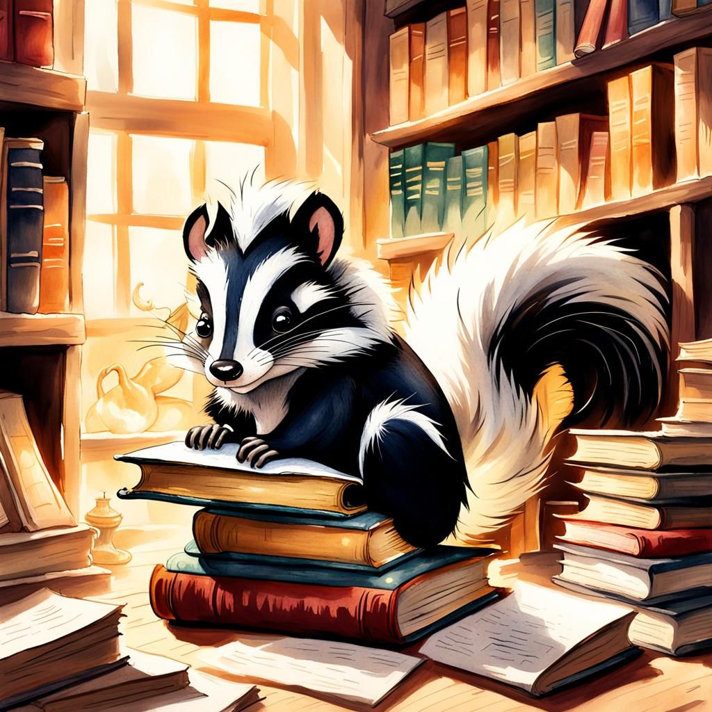 Whimsical Skunk Farting Under Law Books