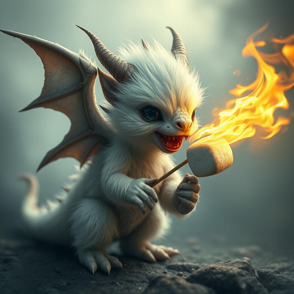 Baby Dragon Roasting Marshmallow: Surreal Art