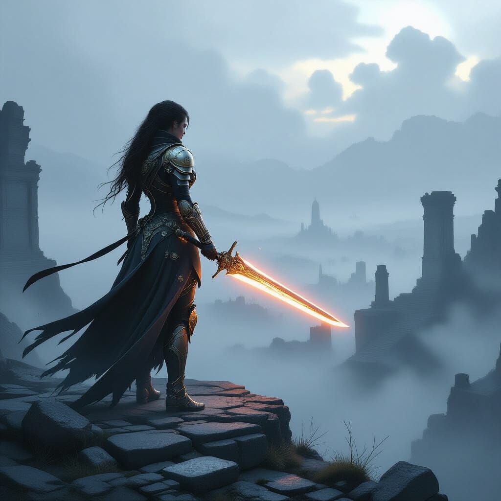 Steampunk Warrior Surveys Misty Battlefield in Dark Fantasy ...