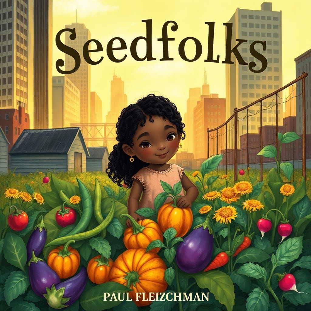 Vibrant Garden Cityscape Book Cover in Earthy Folk Art Style