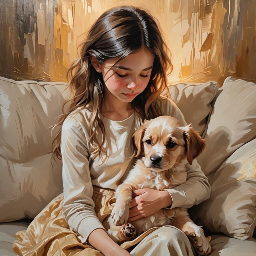 Girl Comforts Puppy in Whimsical Portrait Painting
