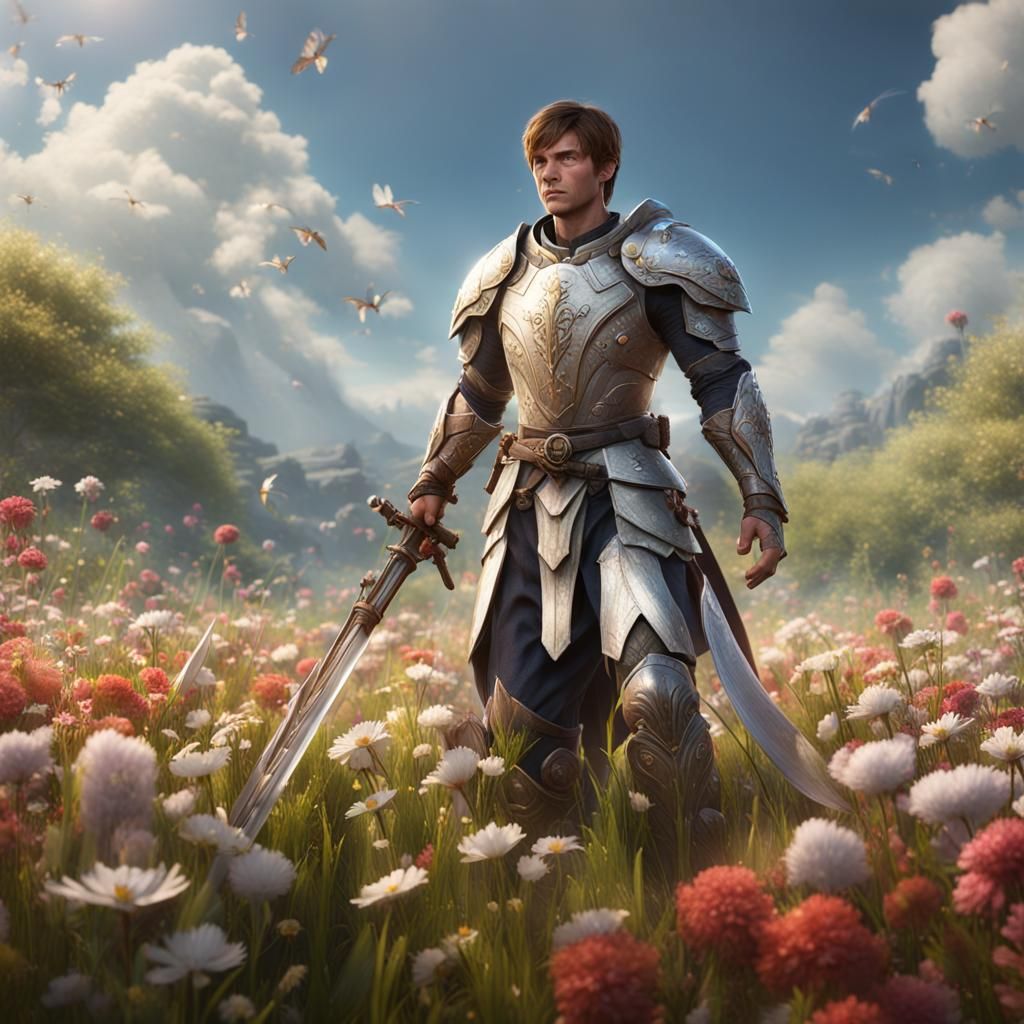 War Cleric in Field of Flowers, Fantasy Art