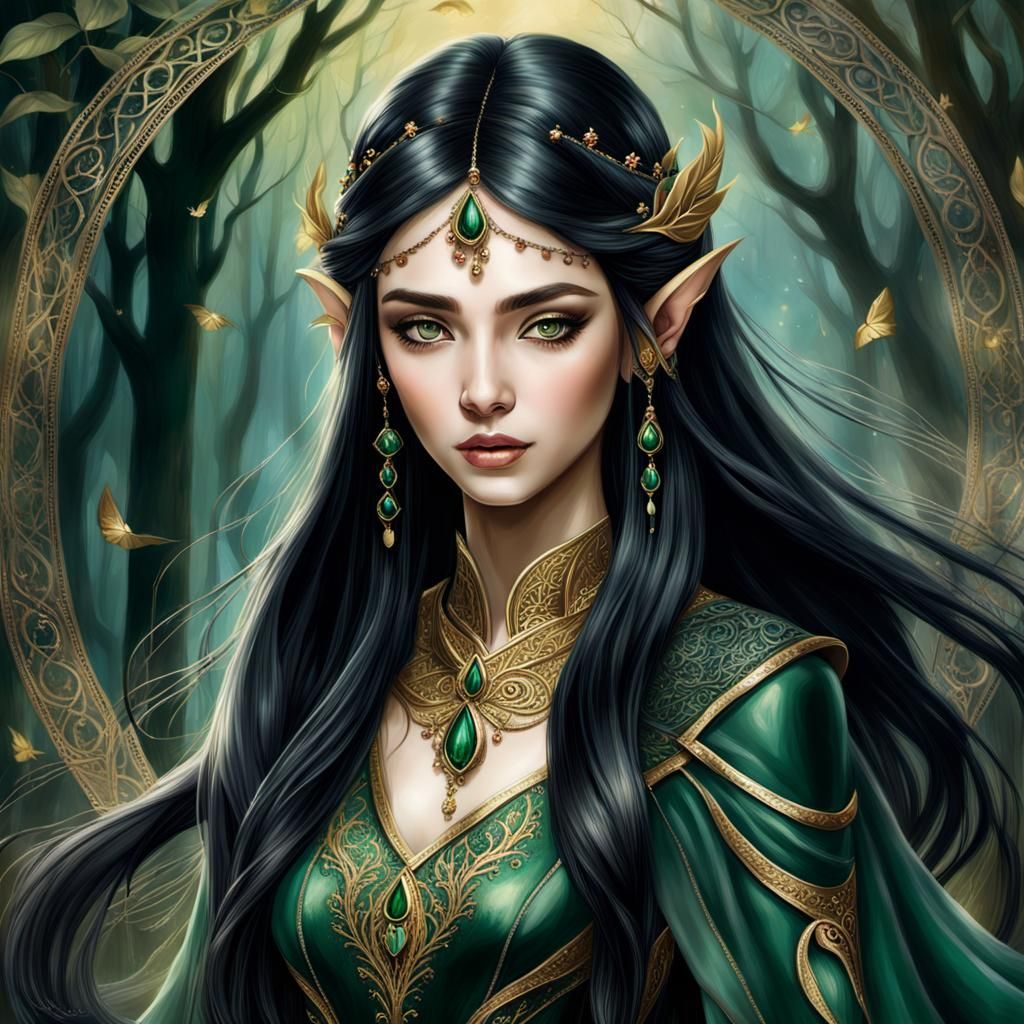 Elegant Elven Woman Portrait in Oil Painting Style