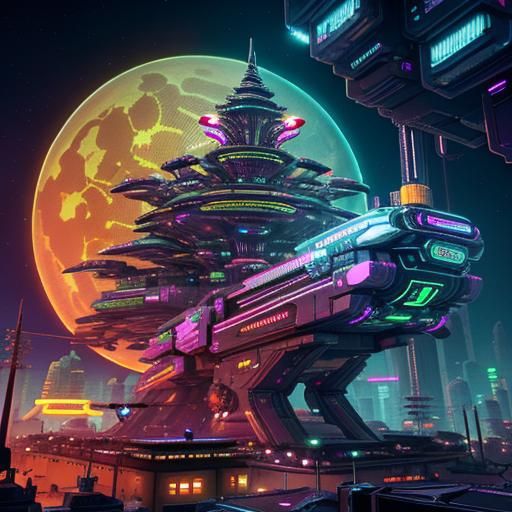 Cyberpunk Cityscape with Neon Temple and Holograms